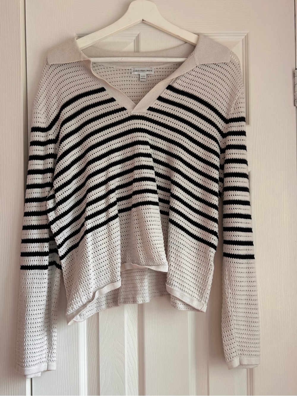 Calvin Klein Jeans Cream & Black Striped V-Neck Open-Knit Sweater